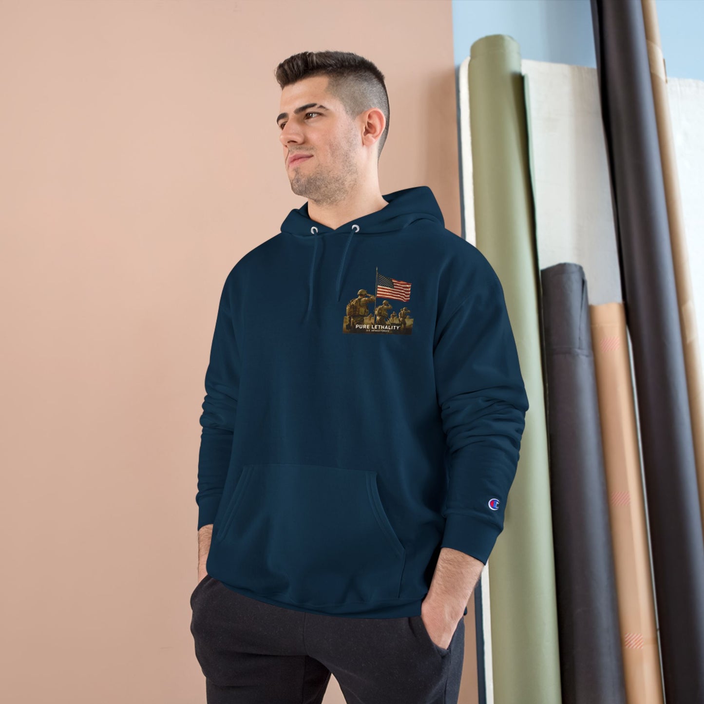 Military Champion Hoodie with American Flag Design