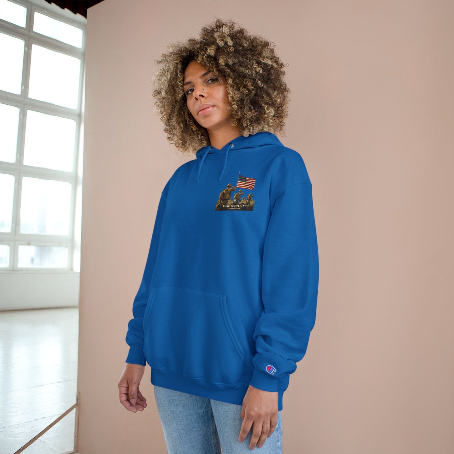 Military Champion Hoodie with American Flag Design