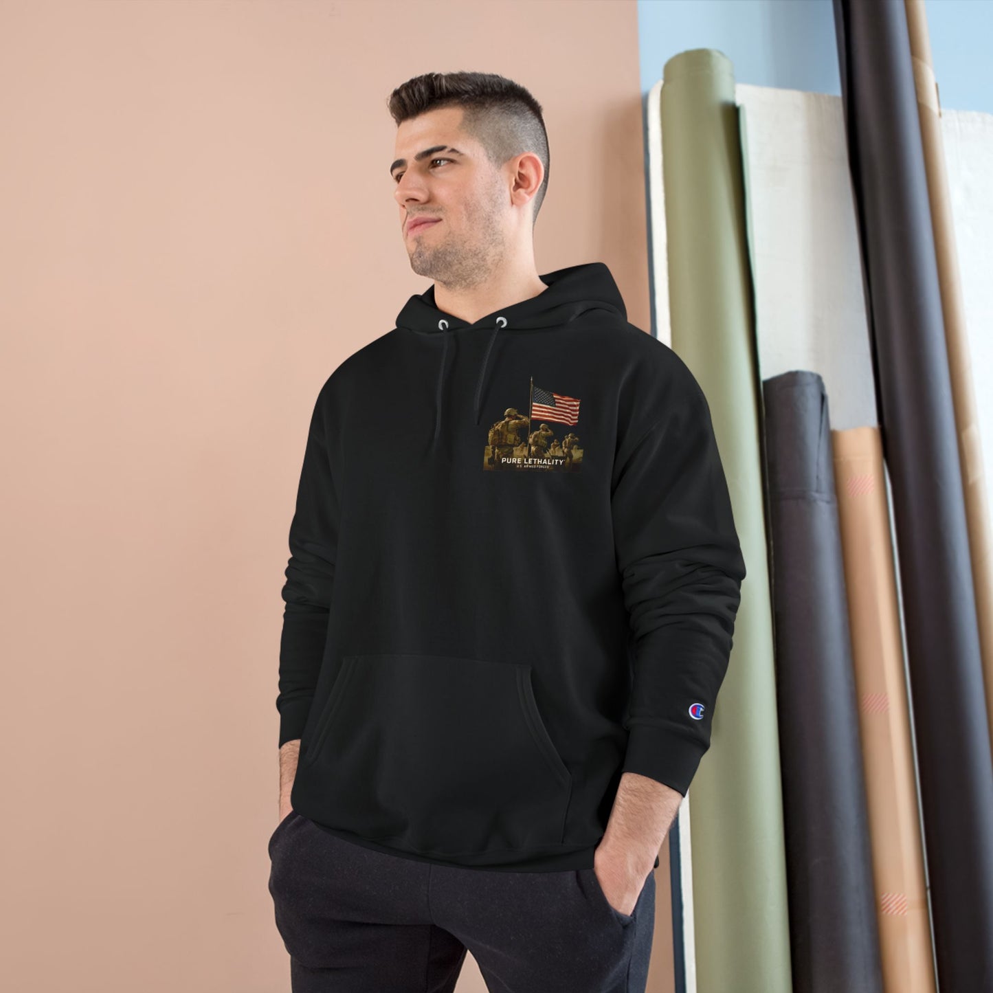 Military Champion Hoodie with American Flag Design
