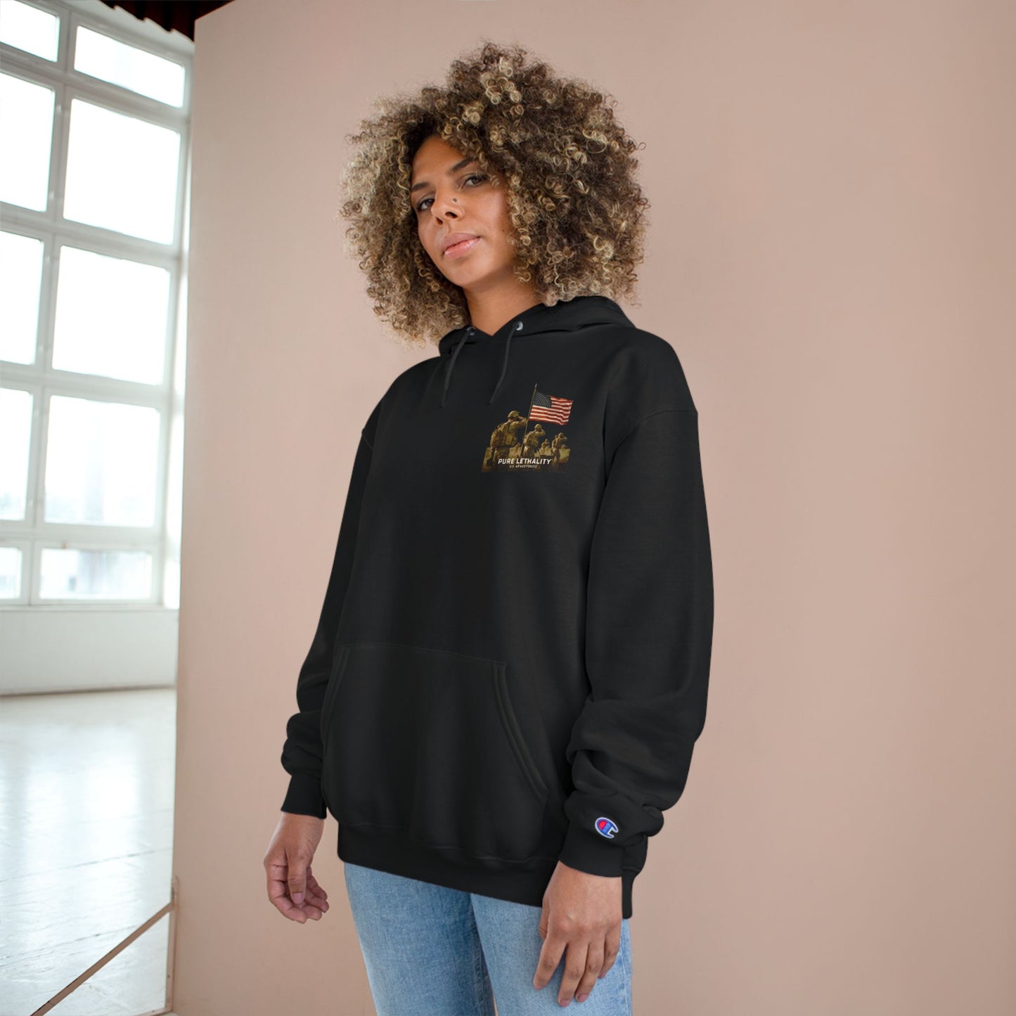Military Champion Hoodie with American Flag Design