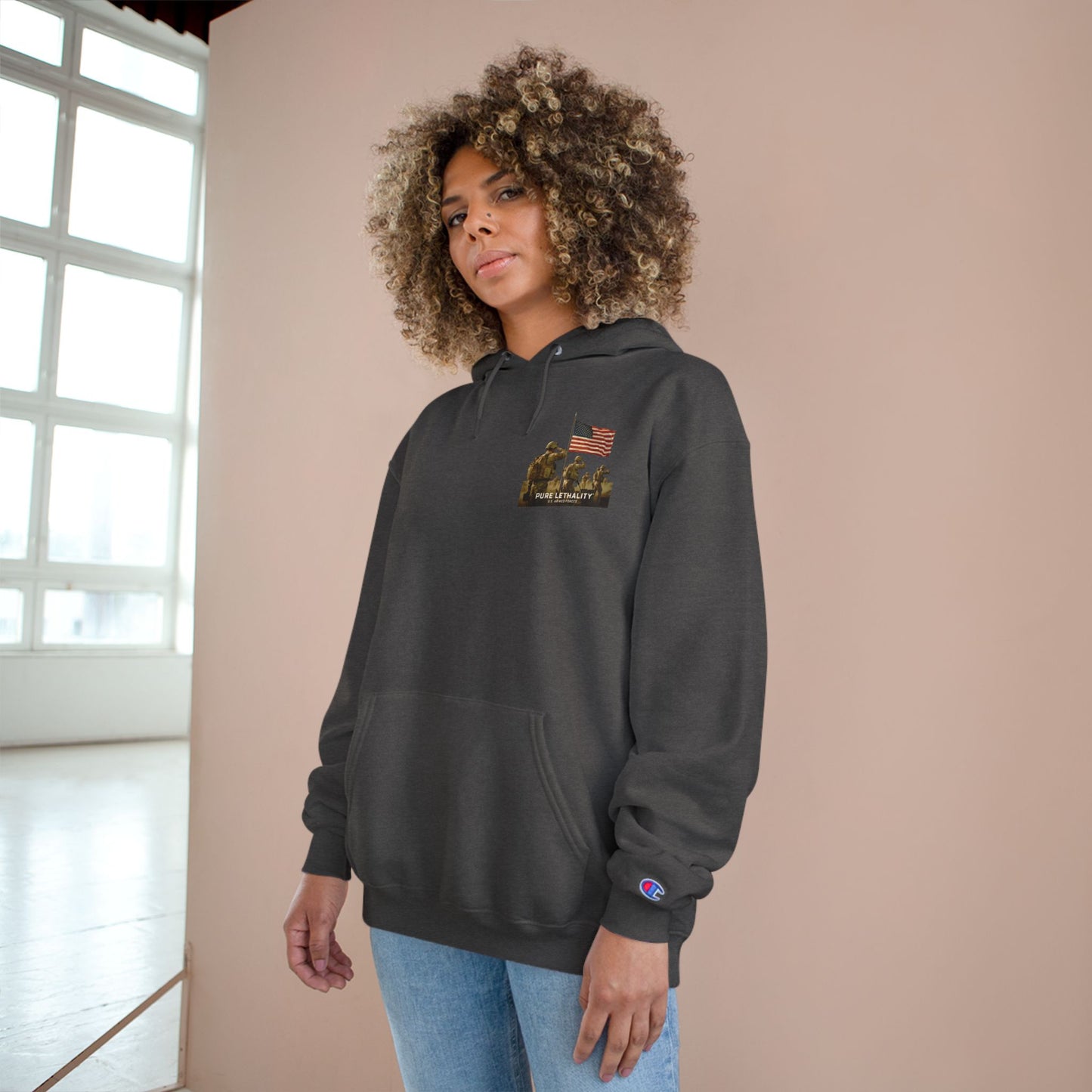 Military Champion Hoodie with American Flag Design