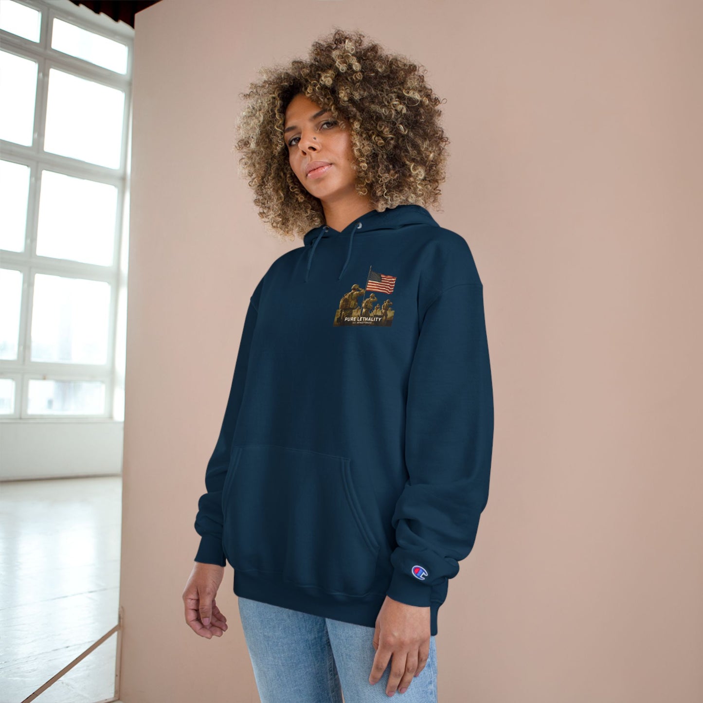 Military Champion Hoodie with American Flag Design