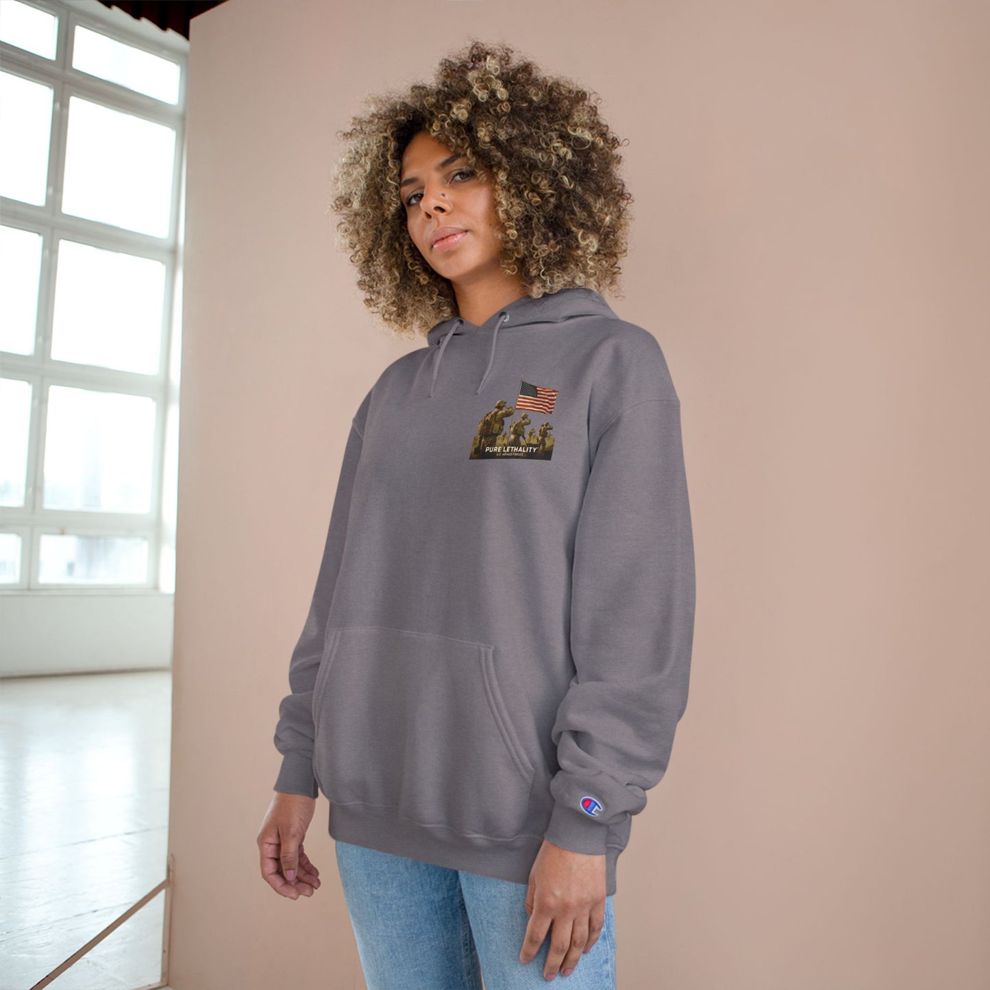 Military Champion Hoodie with American Flag Design