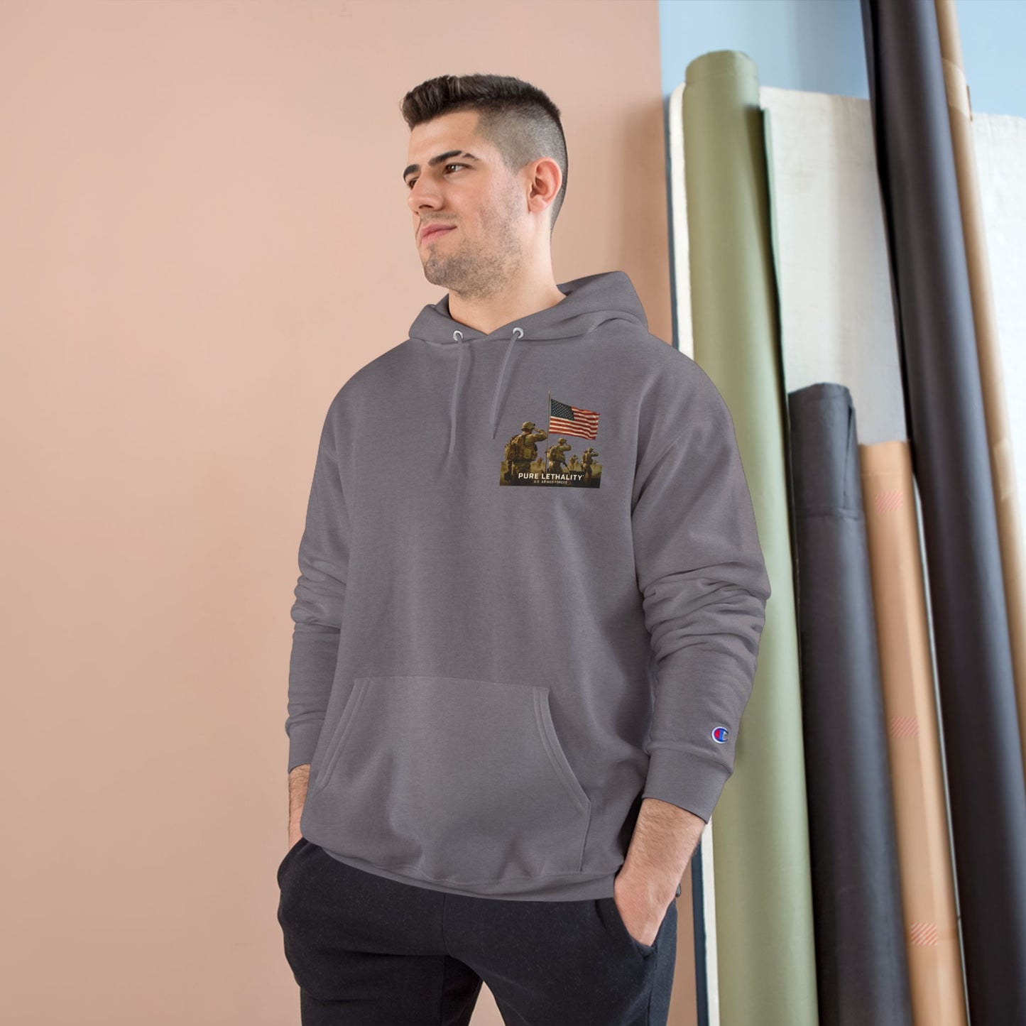 Military Champion Hoodie with American Flag Design