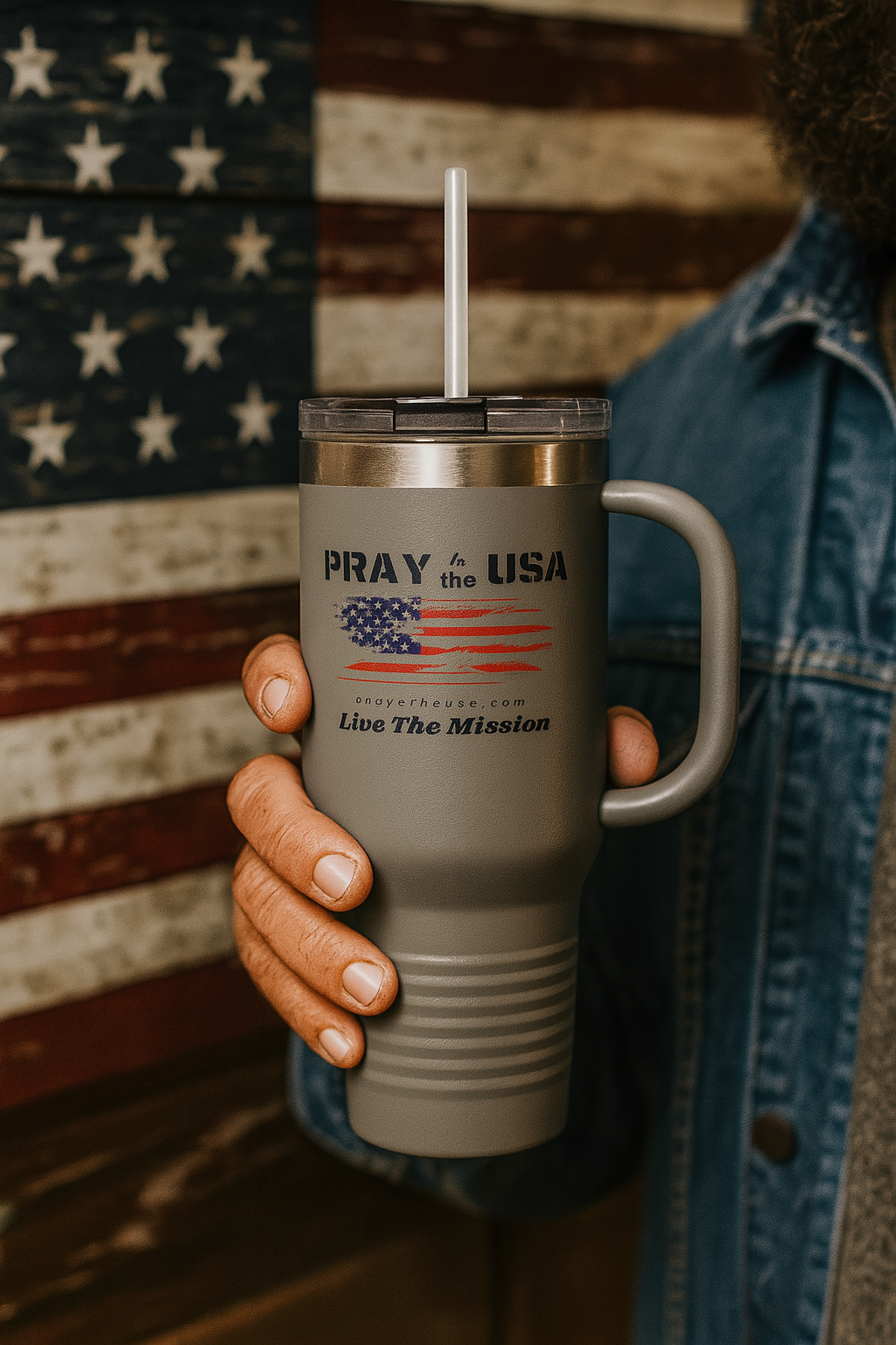 Pray 4 The USA-Live The Mission-Insulated Mug - Patriotic 40oz USA Flag Design Coffee Tumbler