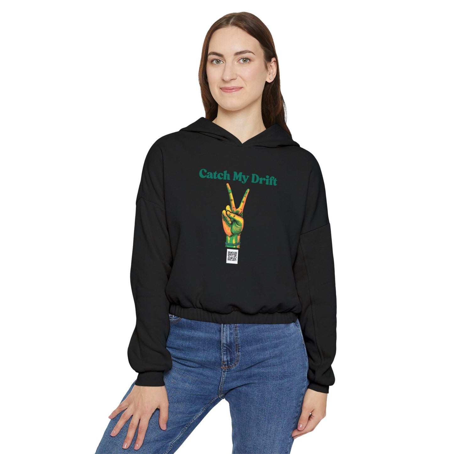 Catch My Drift Women's Cinched Bottom Hoodie, Peace Sign Sweatshirt, Trendy Casual Hoodie, Gift for Her, Cozy Streetwear