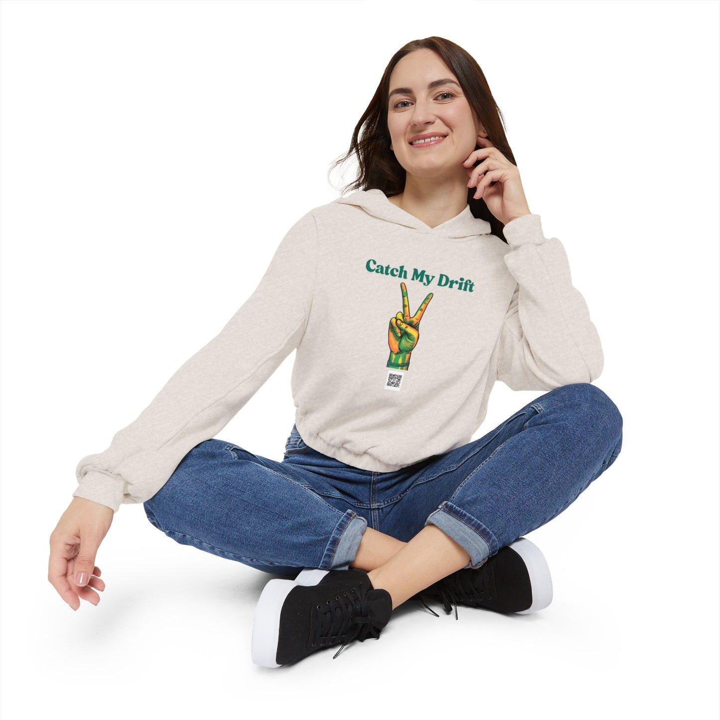 Catch My Drift Women's Cinched Bottom Hoodie, Peace Sign Sweatshirt, Trendy Casual Hoodie, Gift for Her, Cozy Streetwear