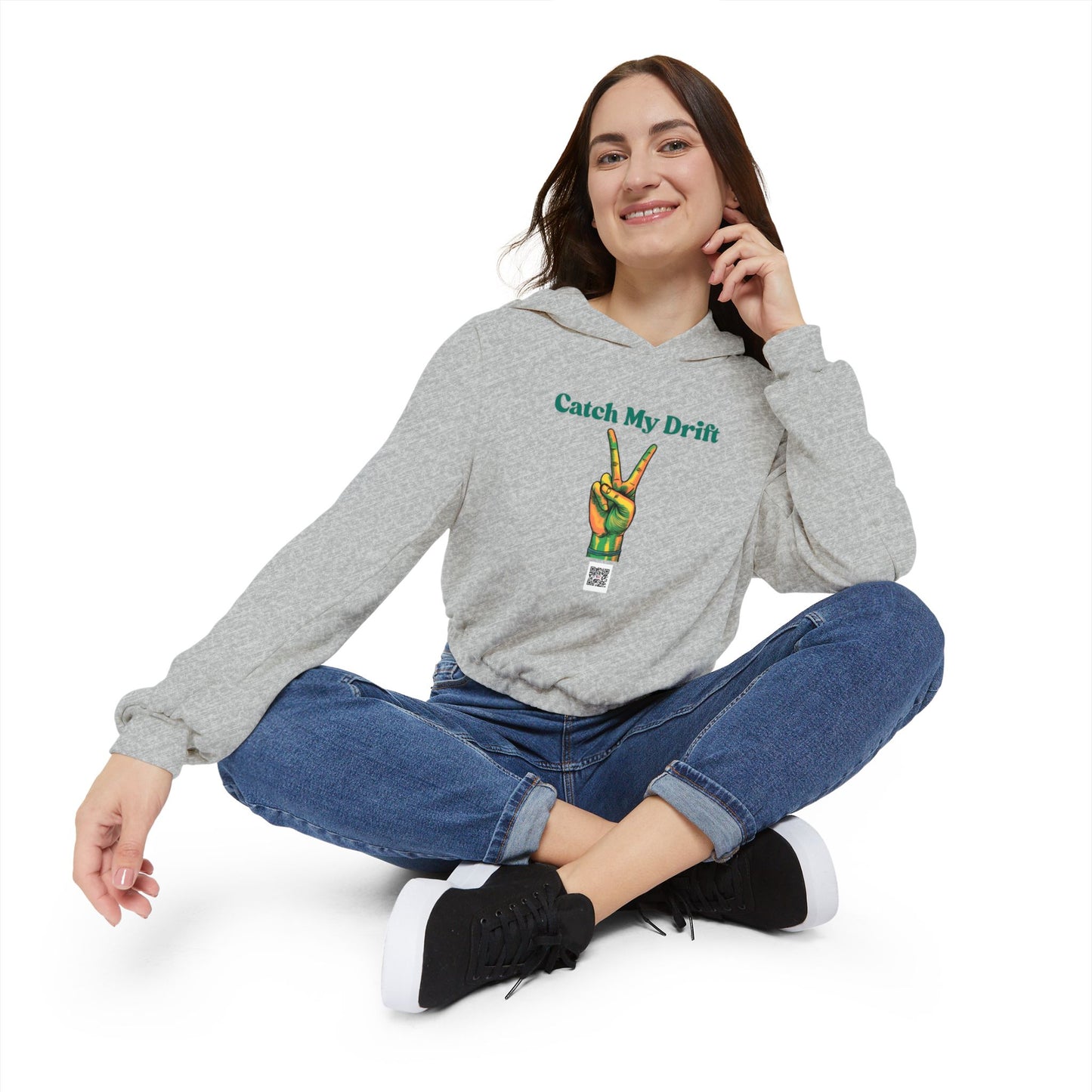 Catch My Drift Women's Cinched Bottom Hoodie, Peace Sign Sweatshirt, Trendy Casual Hoodie, Gift for Her, Cozy Streetwear